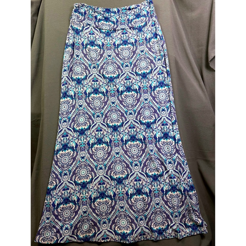 Artisan NY Blue White Paisley Damask Maxi Skirt Elastic Waist Size Large
